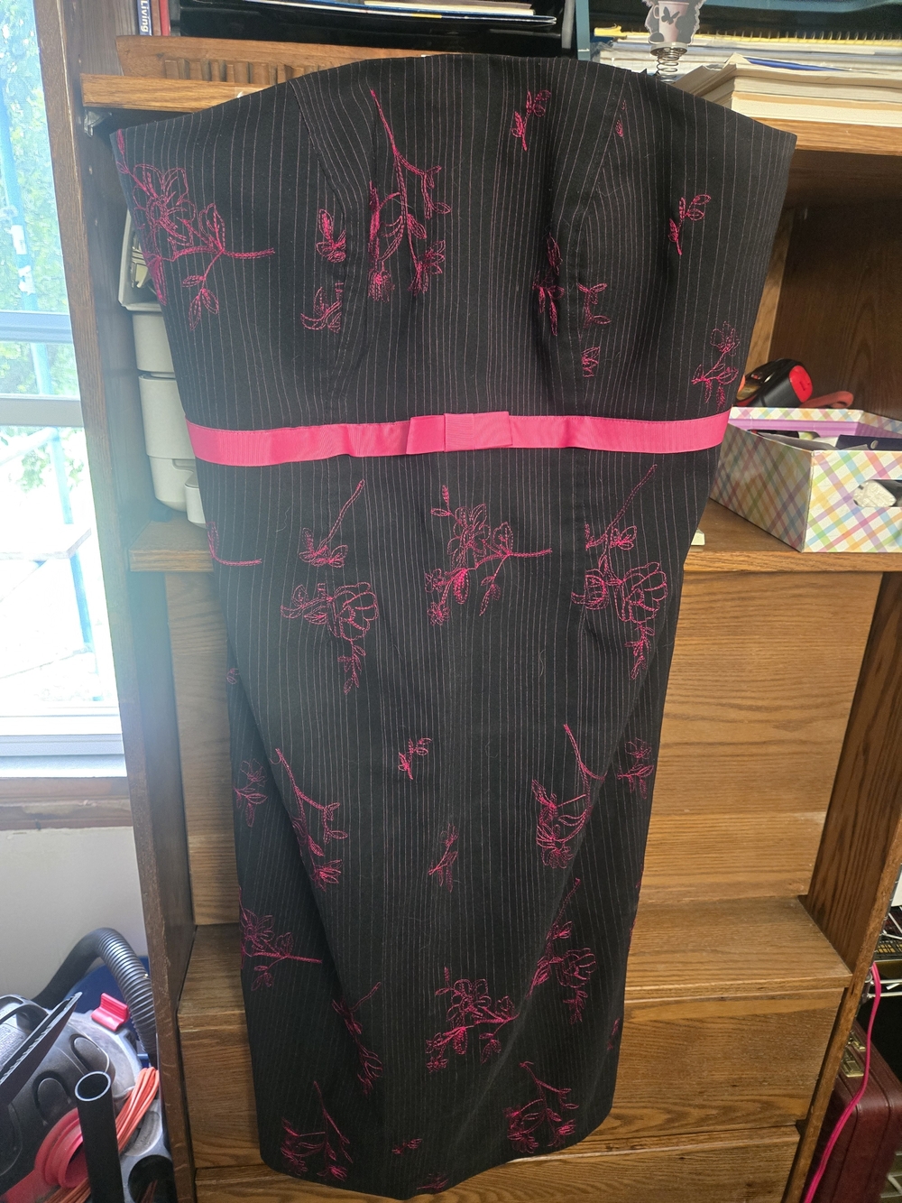 Torrid Black Strapless Pinstripe Dress with Hot Pink Floral Embroidery